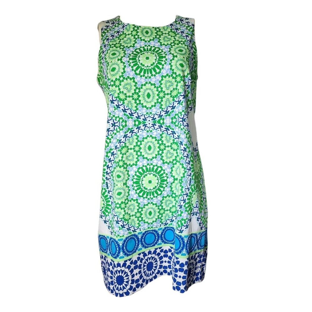 London Times Dress Womens Size 12 Green Geometric Sleeveless Pencil Zip Back‎